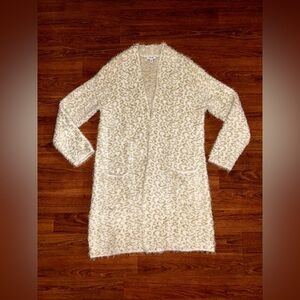 Nine West Cardigan Sweater L White Gold Eyelash Knit Open Duster Soft Fuzzy XL